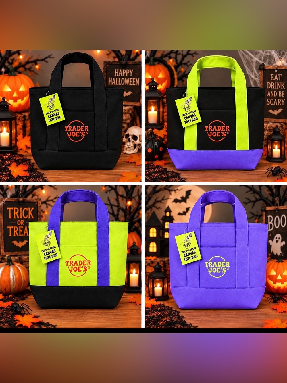 Trader Joe’s Halloween Canvas Tote Bag - Black, Lime Green, Purple ,Black & Lime